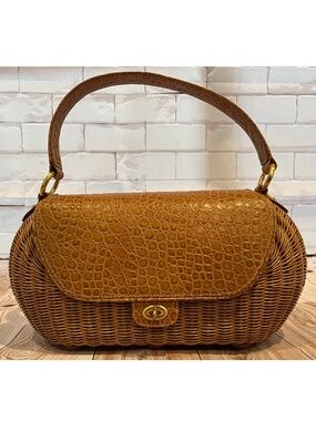 ERIC JAVITS New York Wicker Bag Crocodile Embossed Leather, Tan, EUC